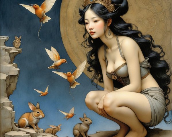 Serene woman in nature with rabbits and birds