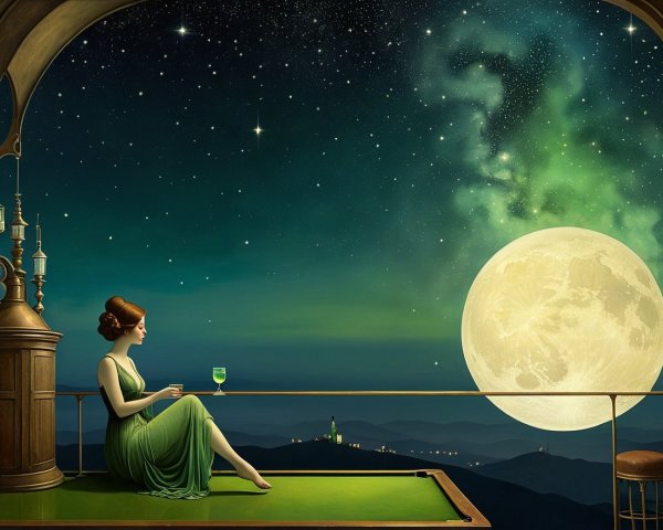 Woman in Green Dress on Balcony Under Starry Sky
