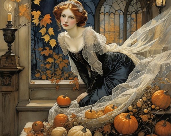 Young Woman in Dark Gown Surrounded by Autumn Decor