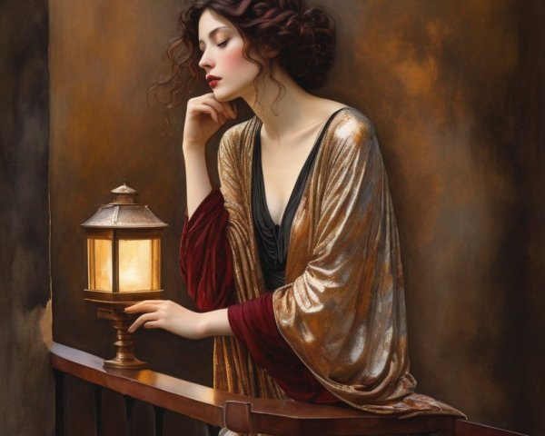 Pensive woman in golden dress with lantern on balcony against warm background