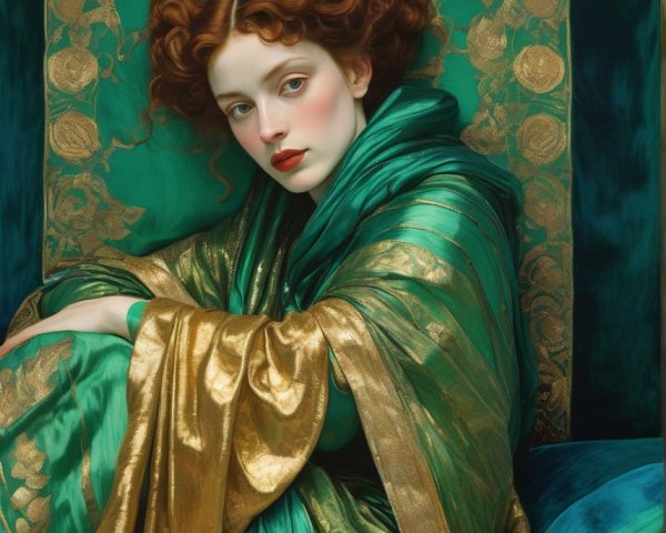 Curly red-haired woman in emerald and gold fabric against green backdrop