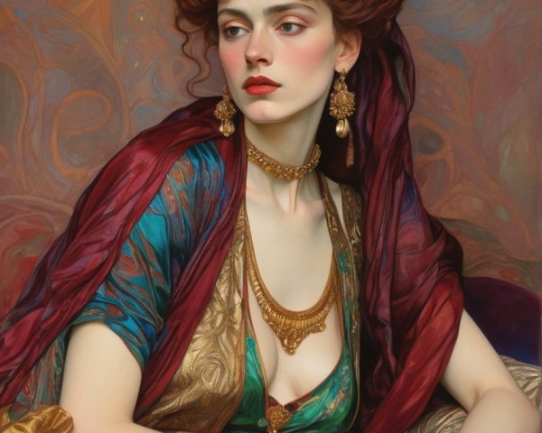 Classical painting of woman in ornate gold headdress and vibrant drapery