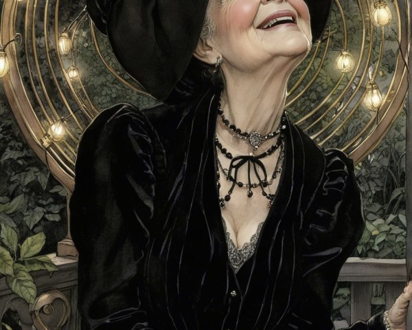 Elderly Woman in Black Dress Surrounded by Garden Lights
