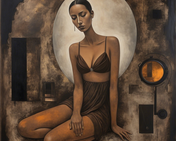 Serene Woman Figure in Brown Outfit with Abstract Background