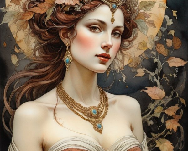 Detailed illustration: Woman with brown hair, adorned with autumn leaves and flowers, wearing gemstone jewelry.