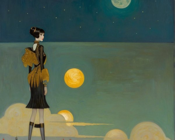 Elegant Woman by Tranquil Sea Under Two Moons
