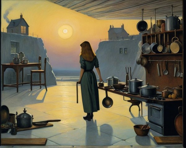 Young Woman in Green Dress in Serene Kitchen Setting
