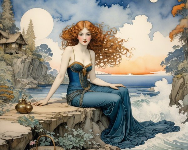 Woman in Blue Dress on Rocky Shoreline at Sunset