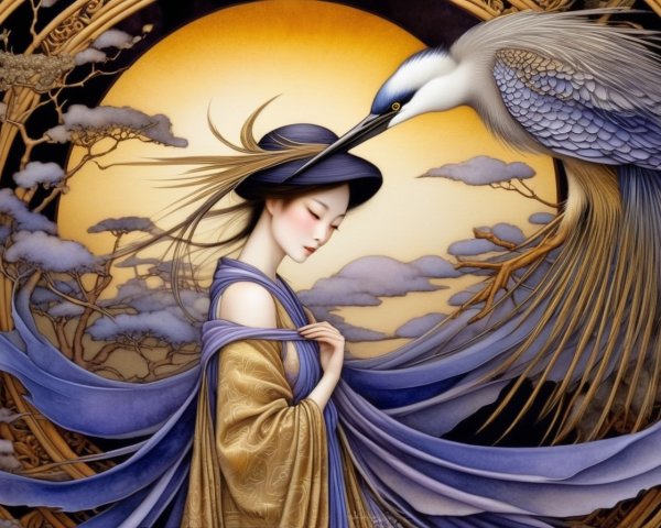 Serene Illustration of Woman and Crane Under Moon