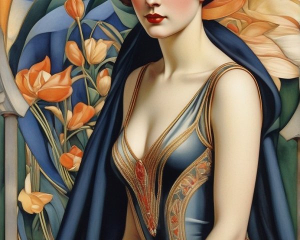 Art Deco style painting: Woman with floral background, bold lines, rich colors.