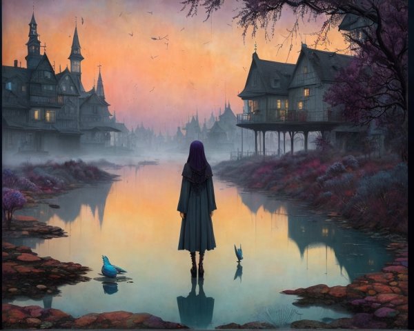 Dusk Scene by Tranquil River with Misty Houses