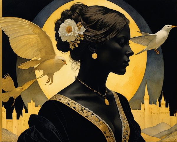 Profile of a Woman with Flowers and Golden Birds
