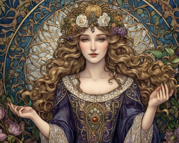 Woman in Purple Gown with Golden Hair and Flowers
