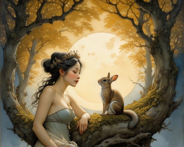 Enchanting Scene of Woman and Rabbit Under Moonlight