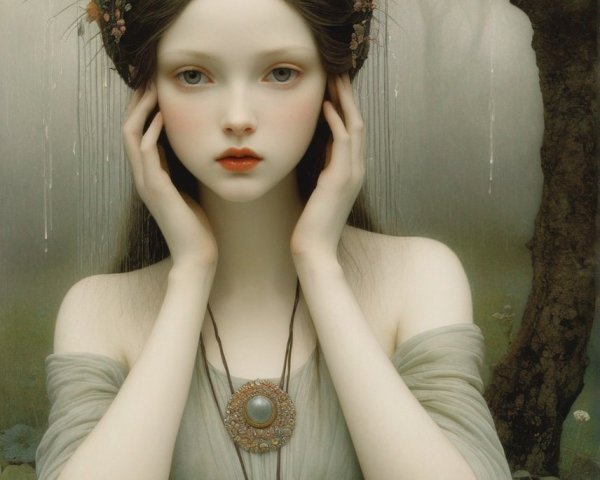 Pale woman in floral crown and vintage dress in misty forest portrait.