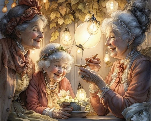 Elderly Women Sharing Stories in Cozy Evening Setting