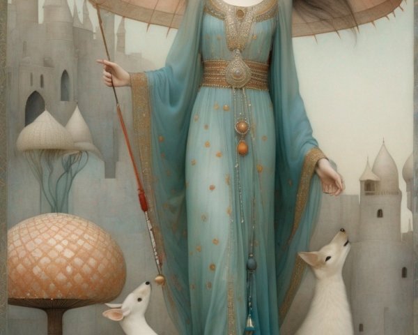 Woman in Blue Dress with Borzois in Fantastical Cityscape
