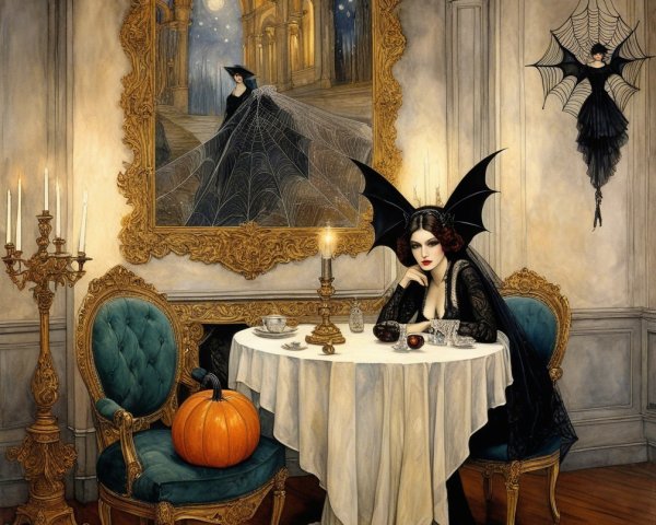 Gothic Room with Winged Woman and Candlelit Decor