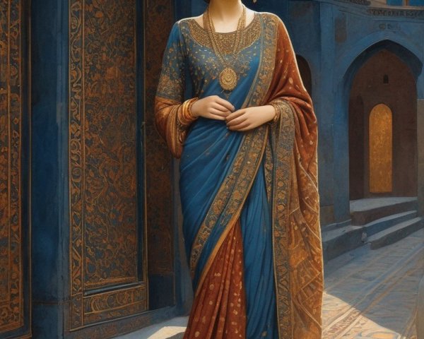 Woman in Vibrant Sari in Decorated Night Alley