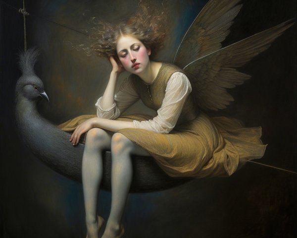 Melancholic Artwork of Young Woman on Crescent Moon