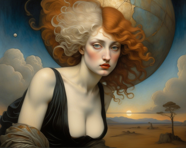 Portrait of a Woman with Split Hairstyle and Celestial Orb