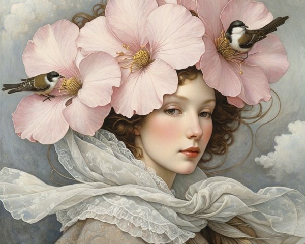 Young woman in pastel clouds with floral hairstyle