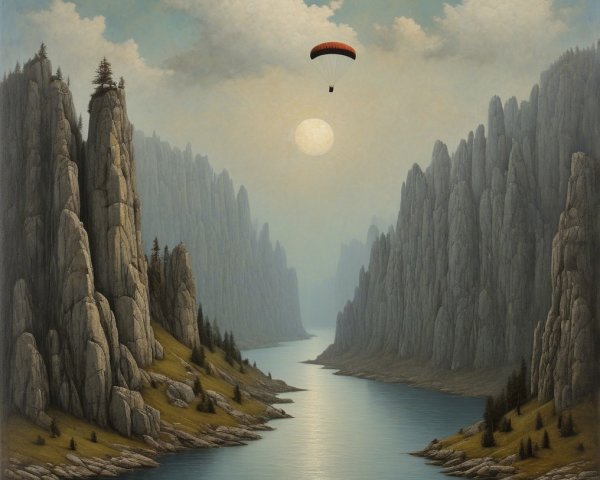 Serene Landscape with Cliffs, River, and Paraglider