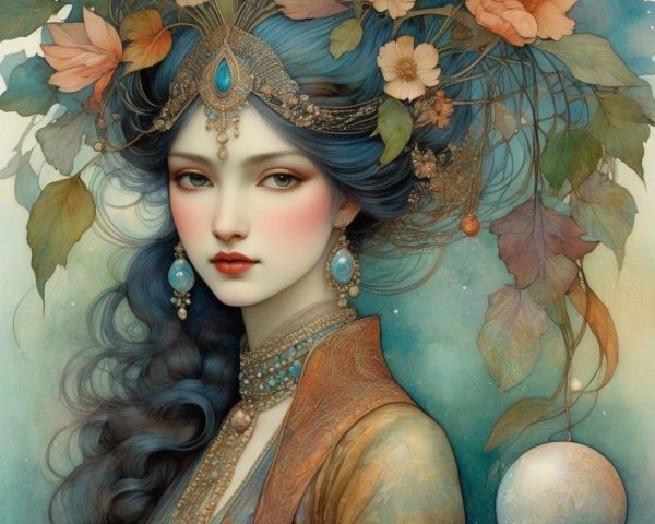 Illustrated female with blue hair in jeweled headdress among autumn leaves.
