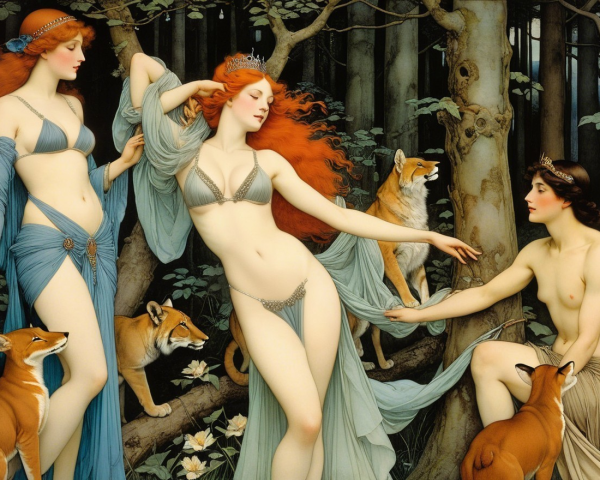 Three Ethereal Women in a Lush Forest Setting