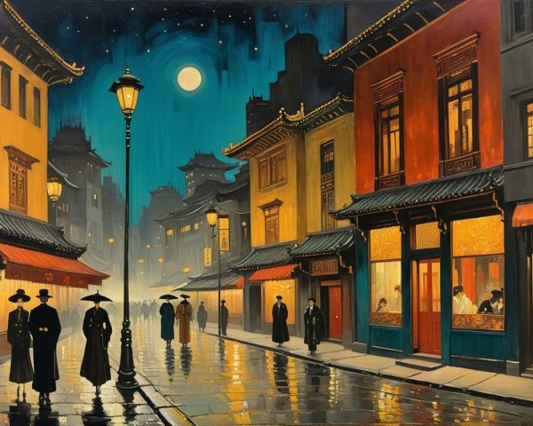 Traditional Asian Street Scene at Night with Lanterns