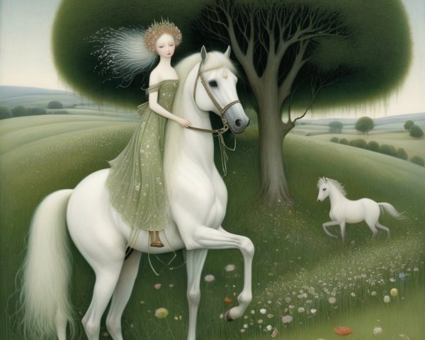 Woman in gossamer gown riding white horse under moonlit sky