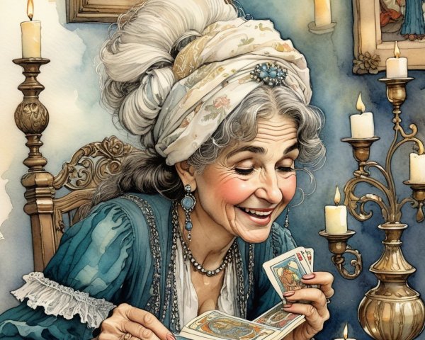 Elderly Woman Examining Tarot Cards in Cozy Setting