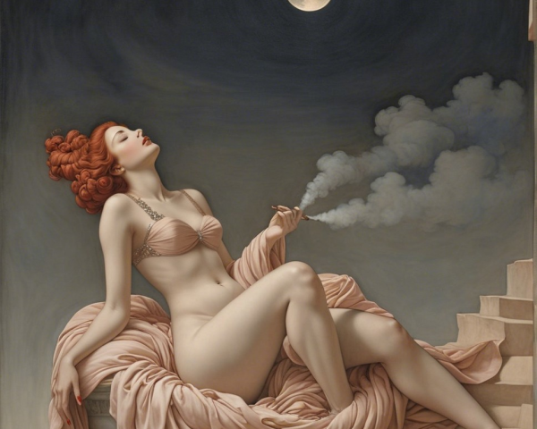Reclining figure against draped fabric with moonlight