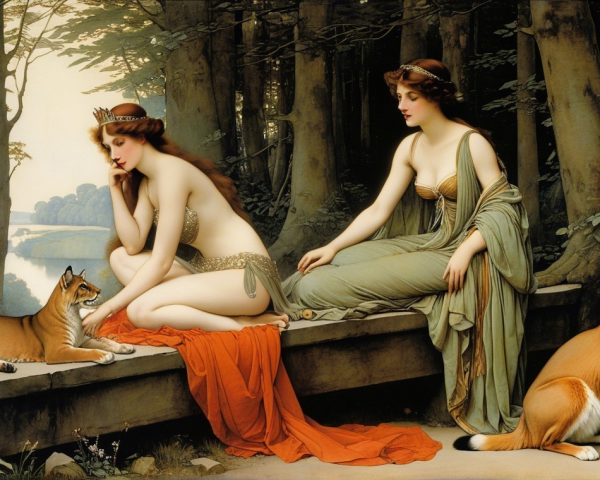 Serene Forest Scene with Women, Tiger, and Fox