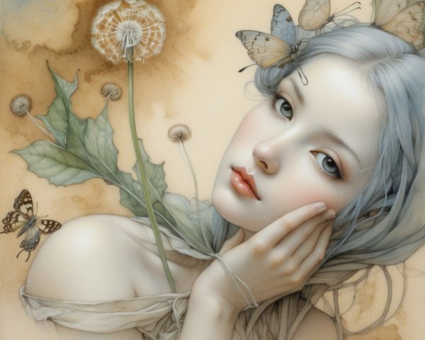 Serene Young Woman with Butterfly Motifs and Dandelions