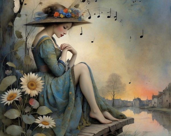 Young Woman in Blue Gown by Peaceful River Dock