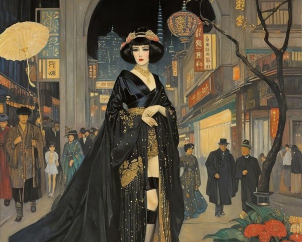 Woman in Kimono Amidst Neon Urban Night Scene