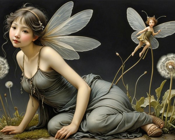 Serene Fantasy Scene with Winged Woman and Fairy