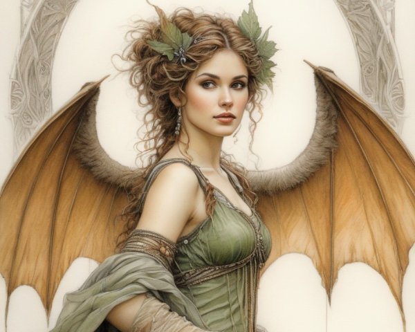 Fantasy winged female figure with leaf adornments in ornate circular backdrop