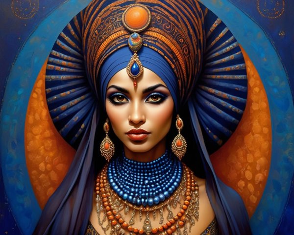 Stylized portrayal of a woman with blue headdress and jewelry