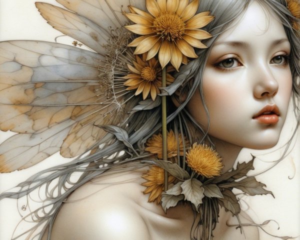 Ethereal Woman with Silver Hair and Sunflowers