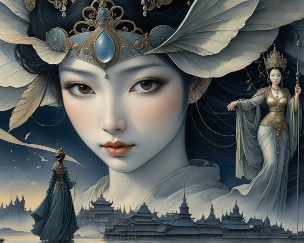 Ethereal Woman in Mystical Landscape with Majestic Figure