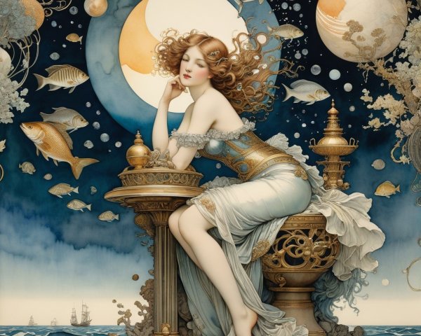 Dreamy Illustration of a Serene Woman and Nature