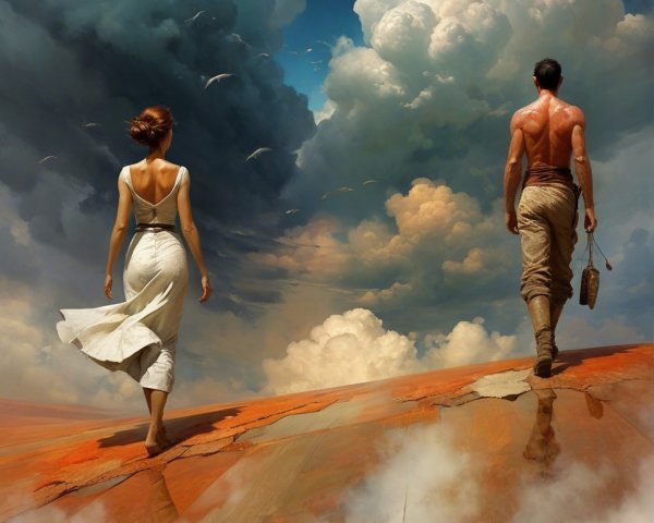Couple Walking in Orange Landscape with Dramatic Skies