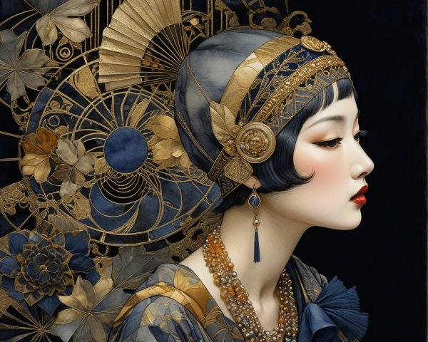 Elegant Woman in Gold and Blue Attire with Patterns