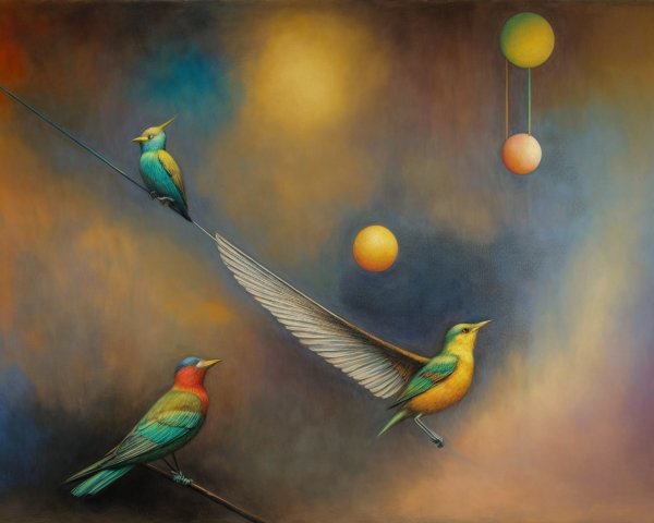 Colorful Birds on Wire in Dreamlike Setting