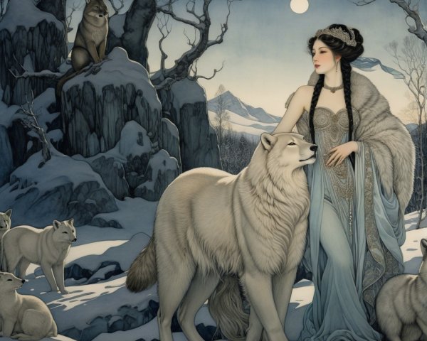 Winter Landscape with Woman and White Wolves
