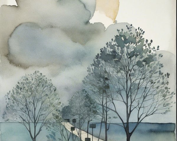 Serene Landscape with Winding Road and Bare Trees