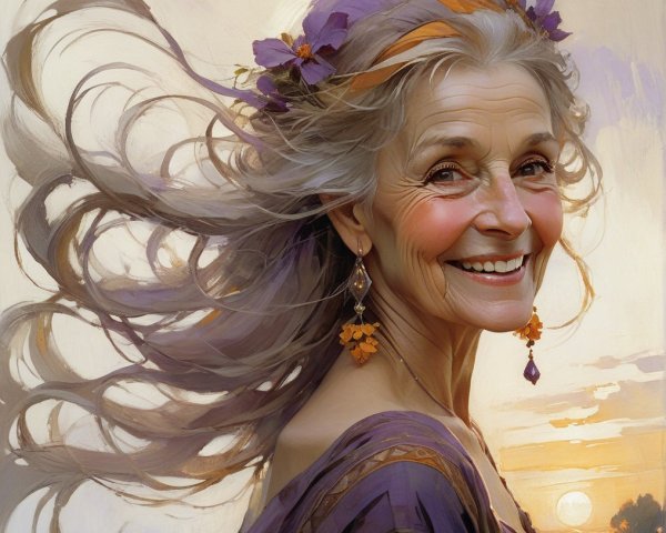 Joyful older woman with silver hair and sunset backdrop