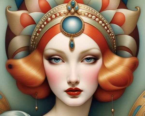 Illustration of a woman with decorative headpiece and hair